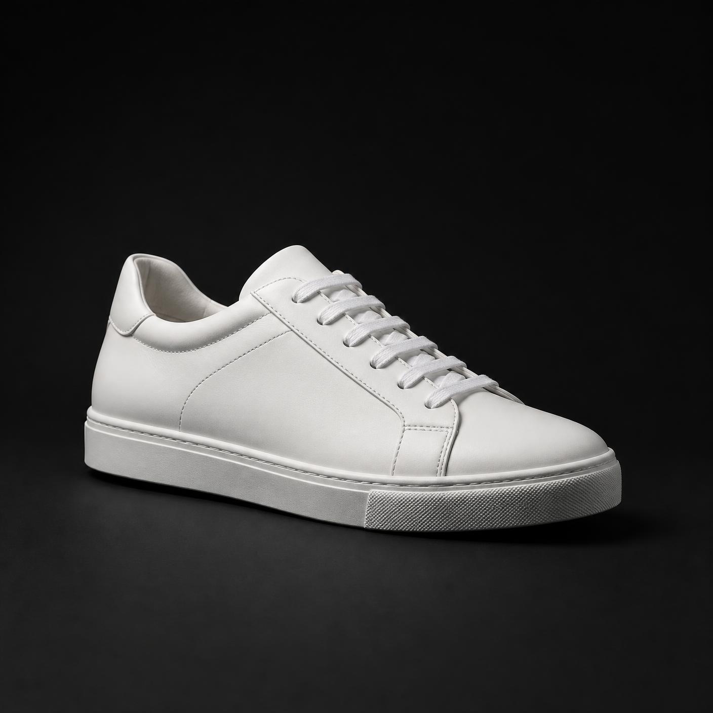A plain white unbranded low-top sneaker on a near-black studio background